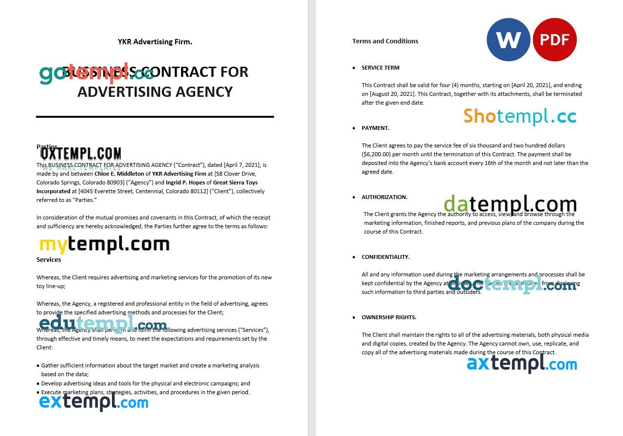 free download business contract for advertising agency example in Word and PDF format
