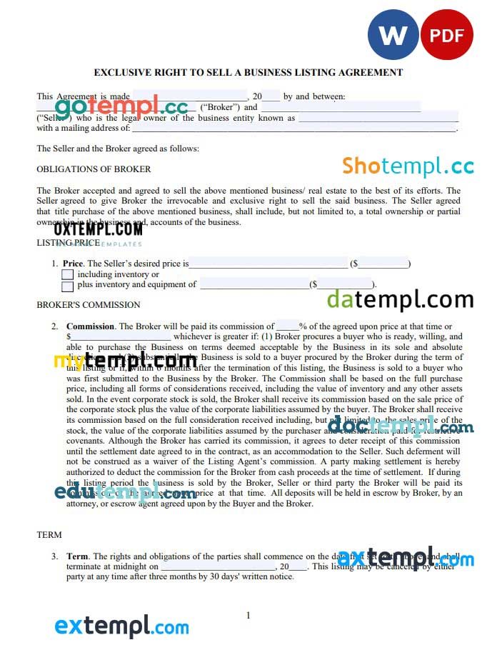 free download business entity listing agreement example, Word and PDF format