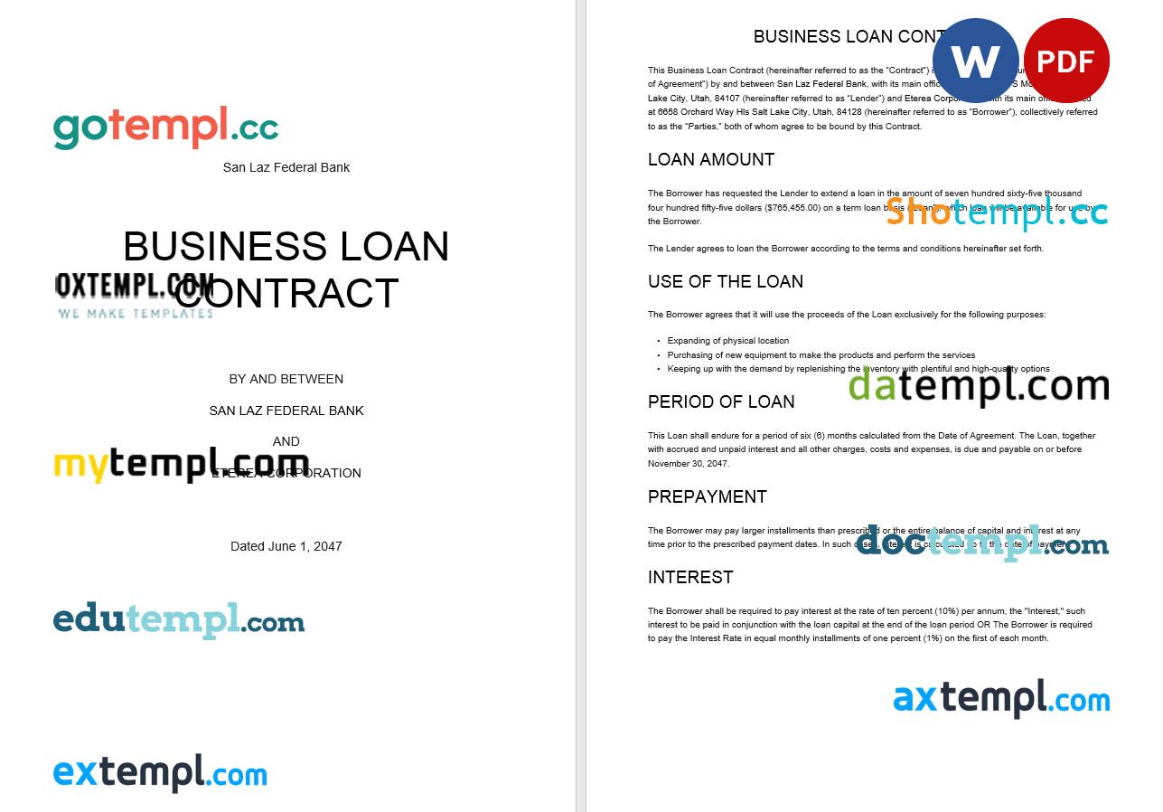 free download business loan contract example in Word and PDF format