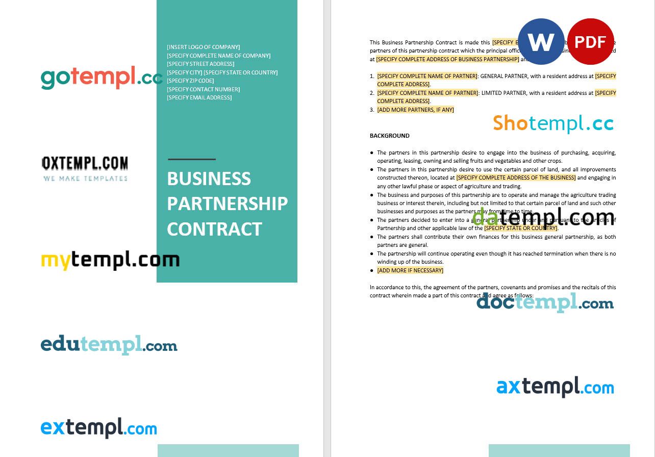 free download business partnership contract example, Word and PDF format