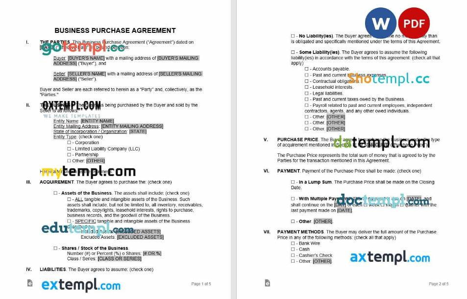 free download business purchase agreement example, Word and PDF format