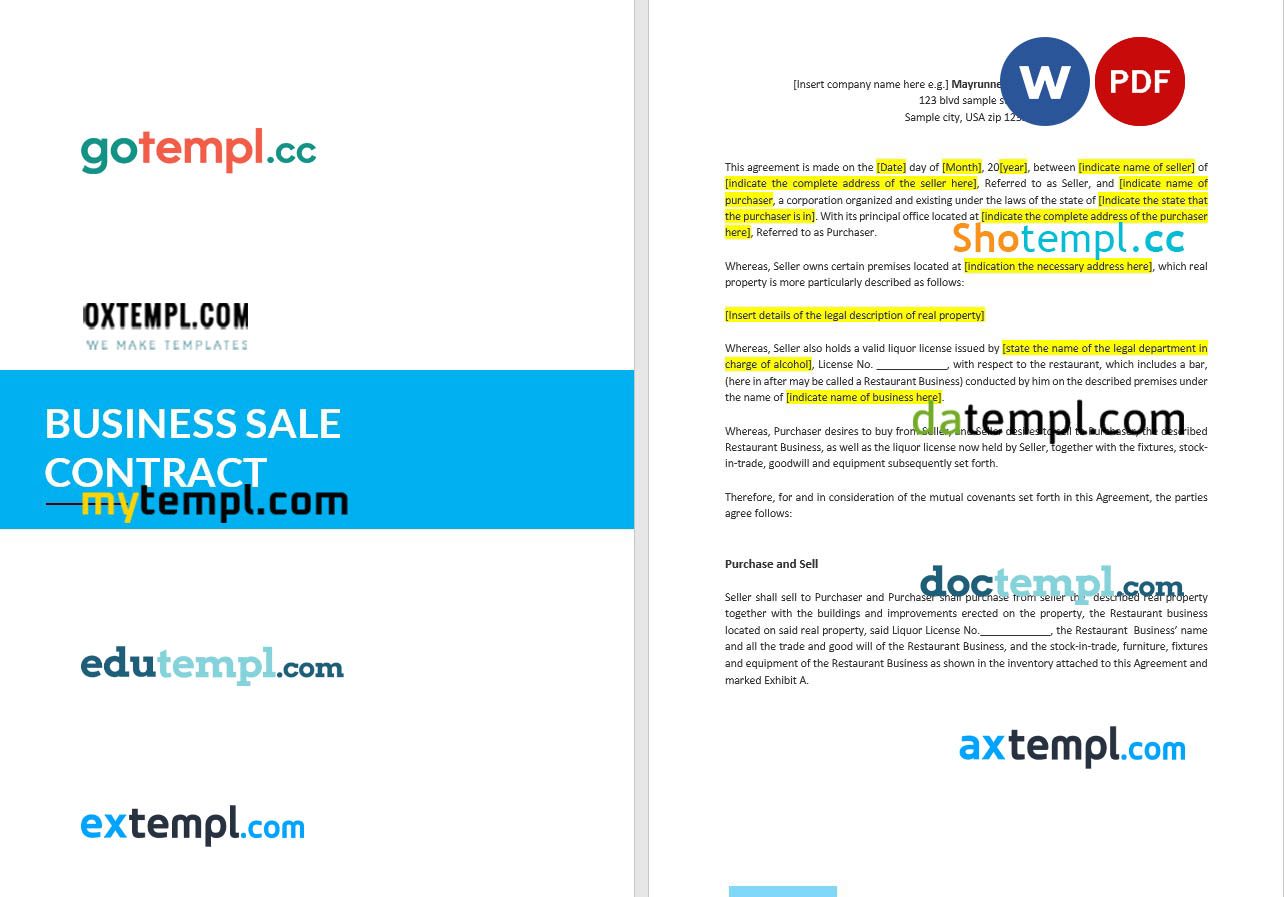 free download business sale contract in Word and PDF format