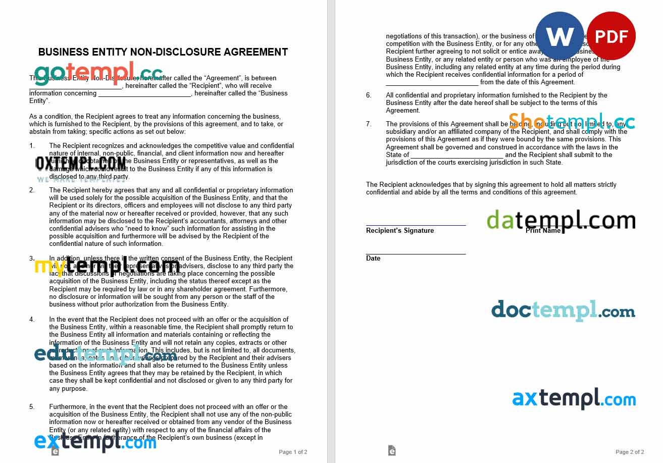 free download business sale non-disclosure agreement example, Word and PDF format