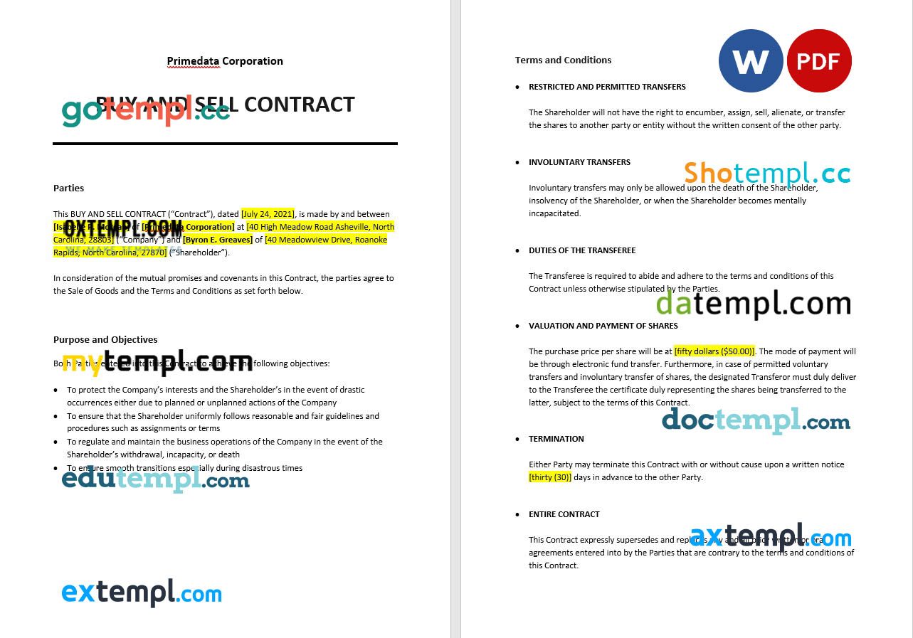 free download buy and sell contract example, Word and PDF format
