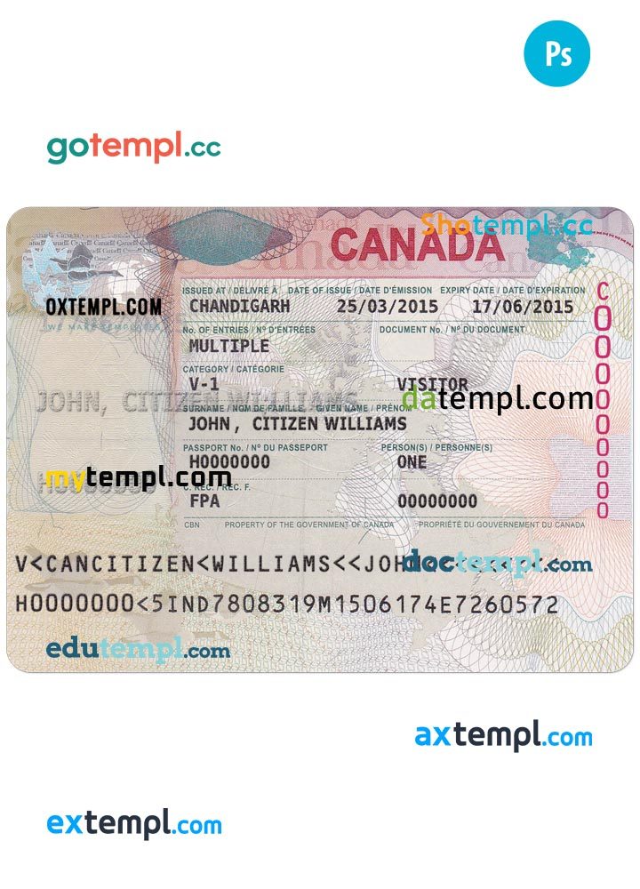 Canadian entrance visa PSD example, with fonts