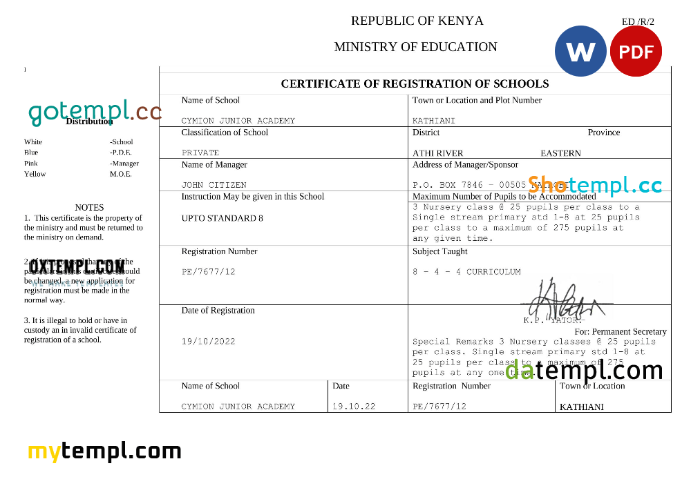 Kenyan certificate of registration of schools .doc and .pdf example
