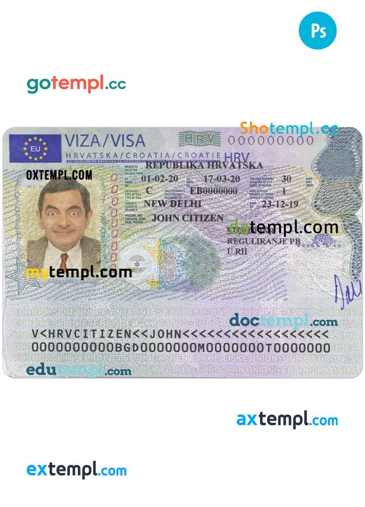 Croatian schengen visa PSD example, completely editable, with fonts