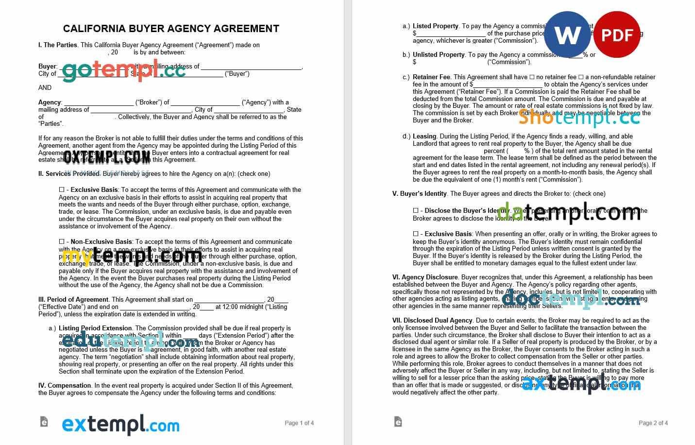 free download california buyer agency agreement example, Word and PDF format