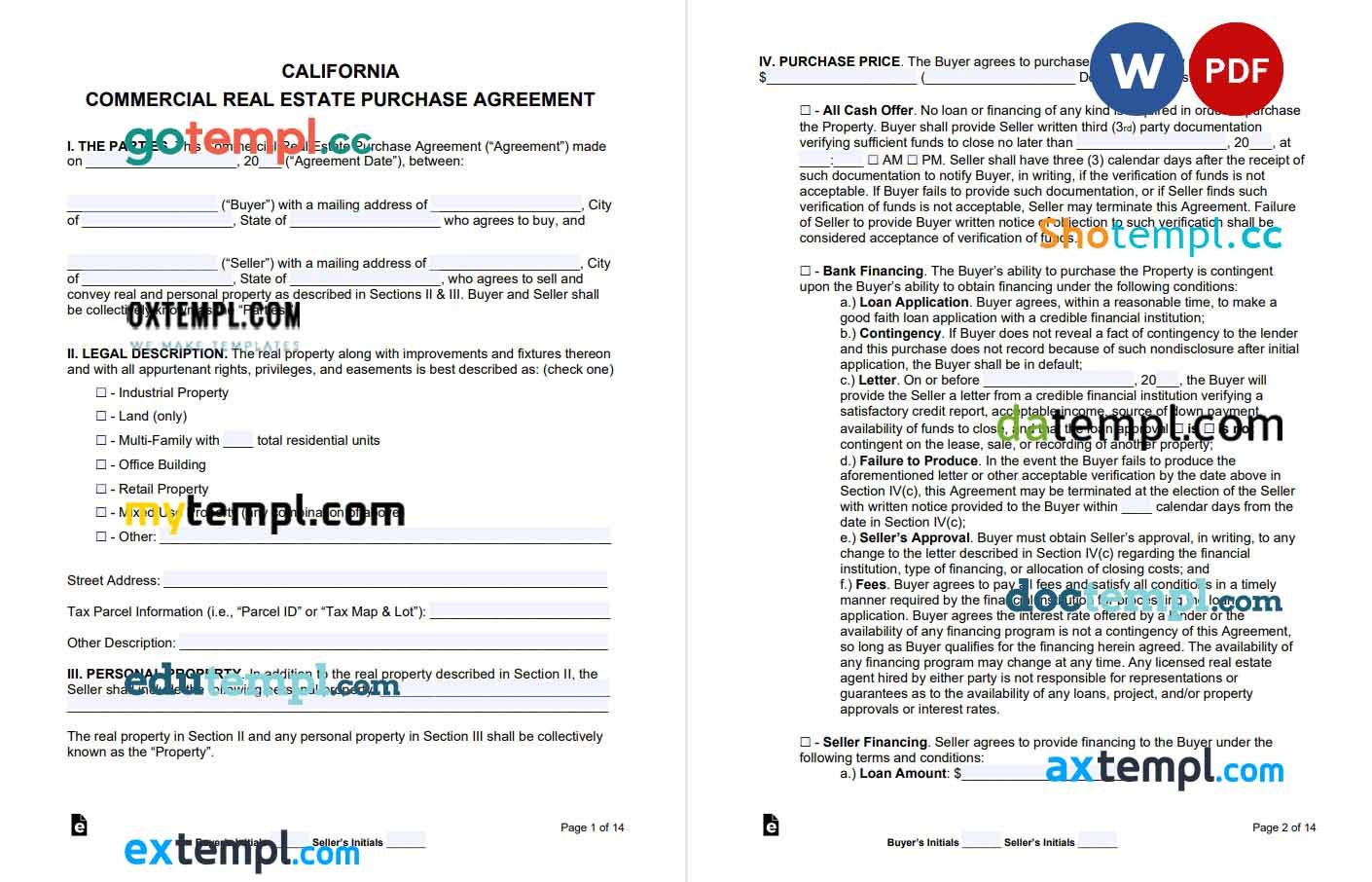 free download california commercial real estate purchase agreement example, Word and PDF format