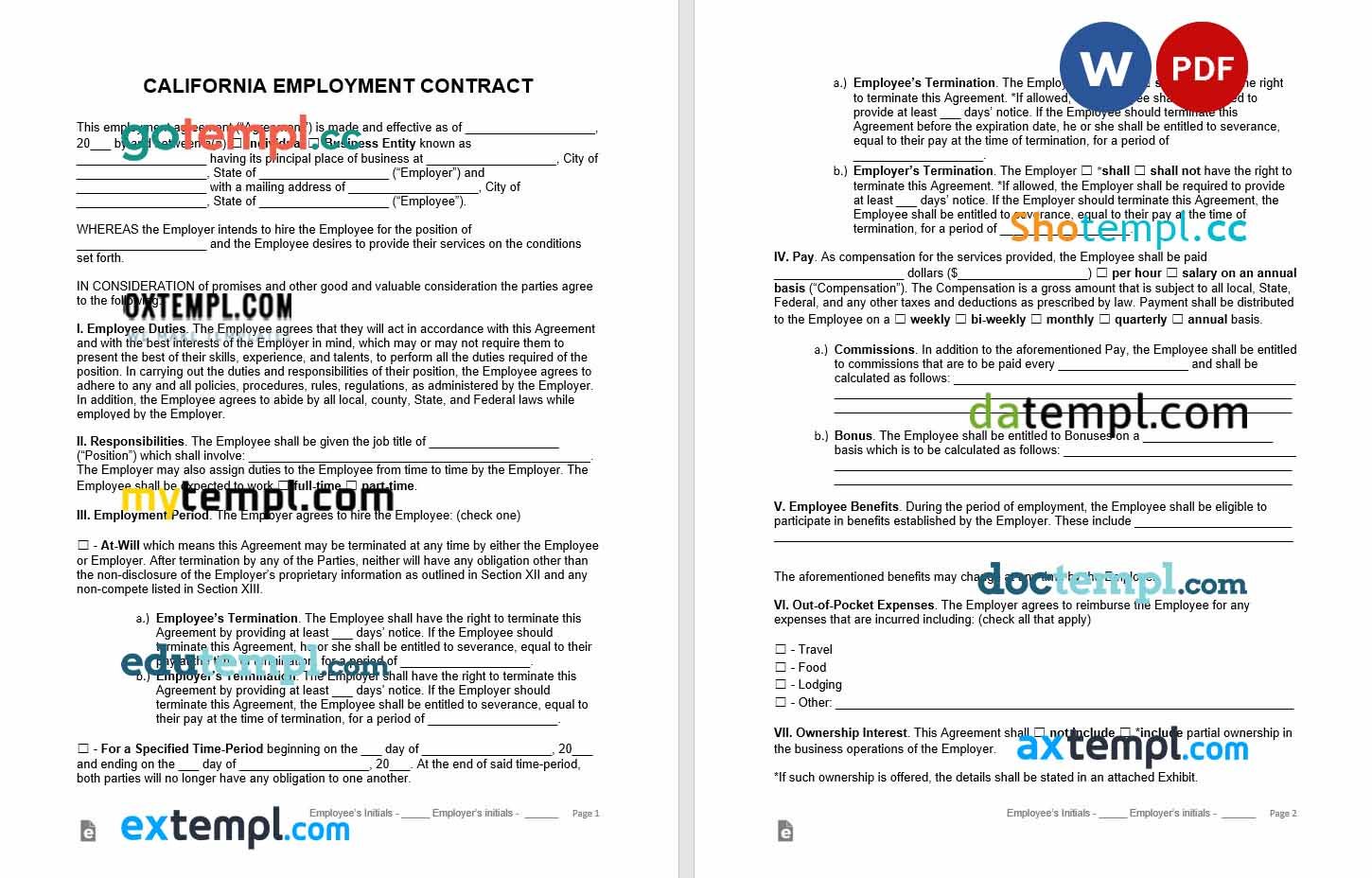 free download california employment contract example, Word and PDF format