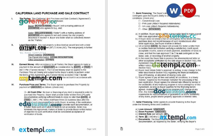 free download california landcontract example, Word and PDF format