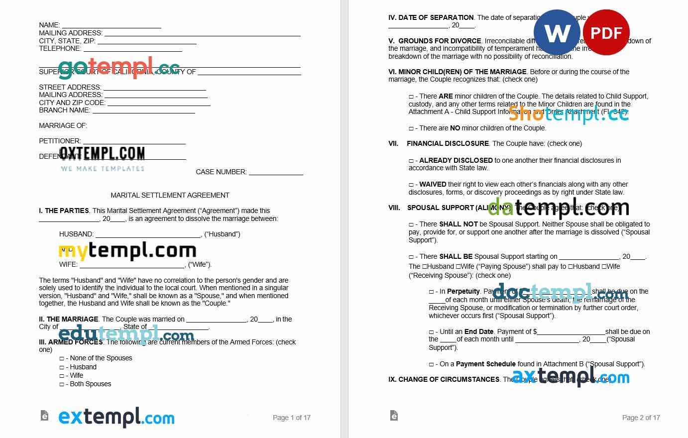 free download california marital settlement agreement example, Word and PDF format