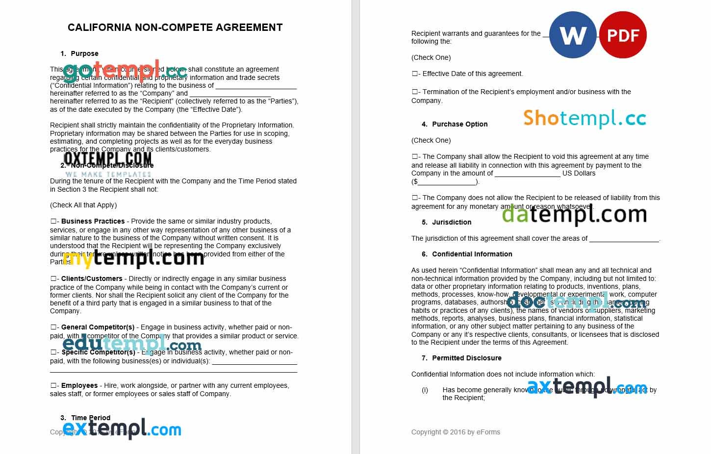 free download california non-compete agreement example, Word and PDF format