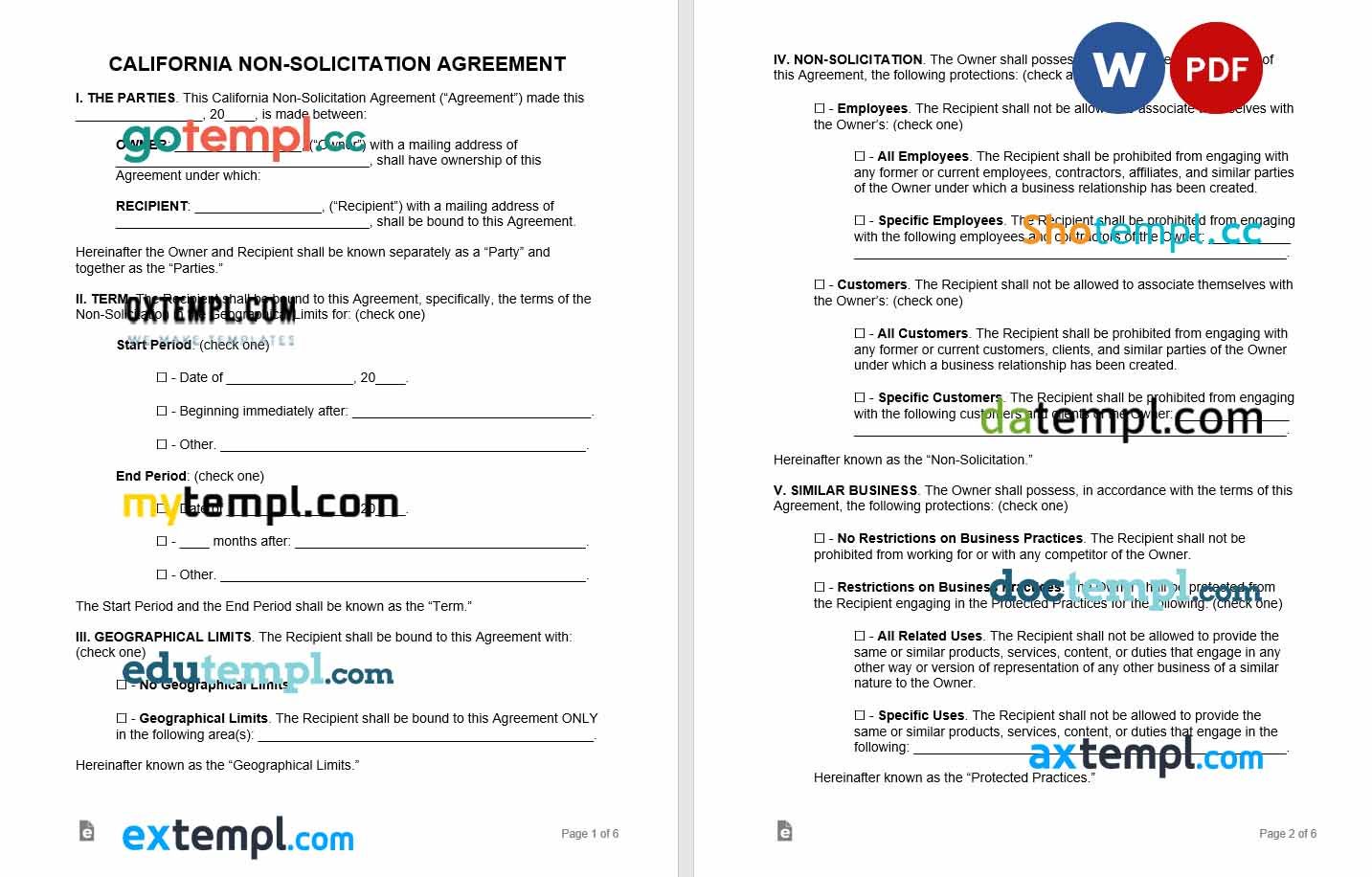 free download california non-solicitation agreement example, Word and PDF format