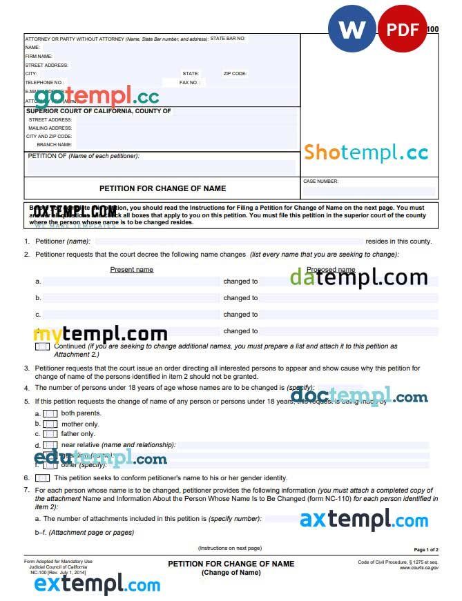 free download california petition for change of name example, Word and PDF format