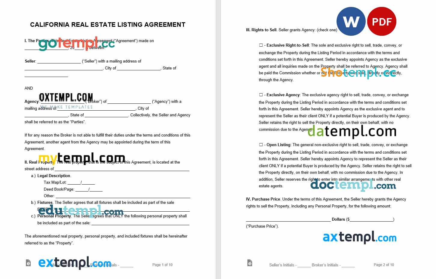 free download california real estate listing agreement example, Word and PDF format