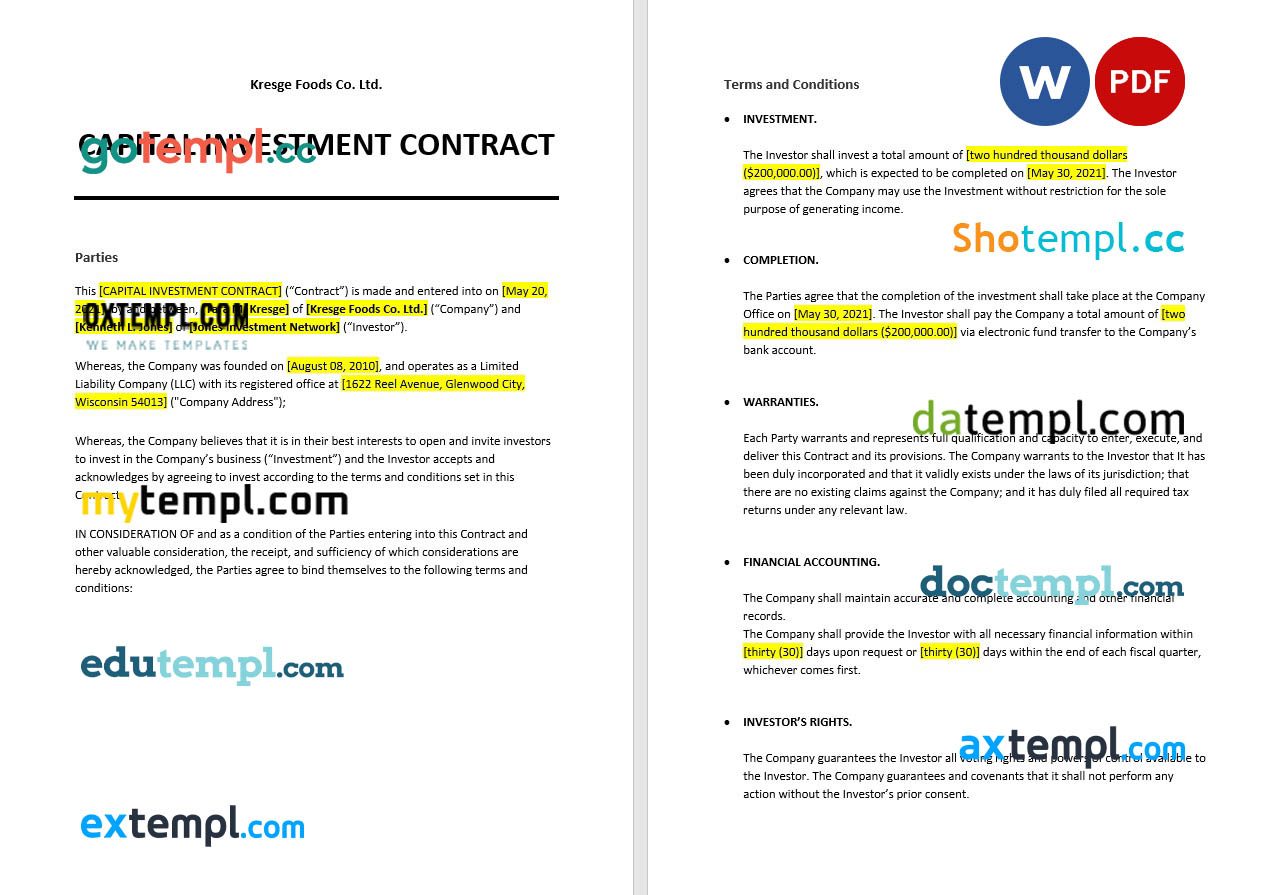 free download capital investment contract example, Word and PDF format