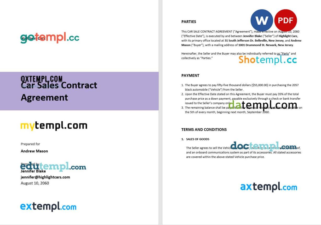 free download car sale contract agreement example in Word and PDF format
