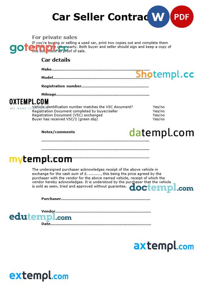 free download car sellers contract example, Word and PDF format