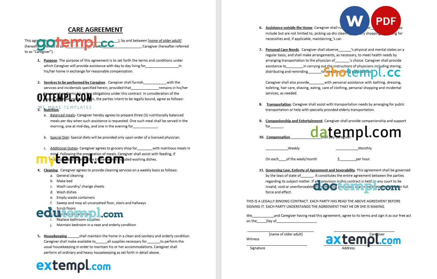 free download caregiver contract example, Word and PDF format