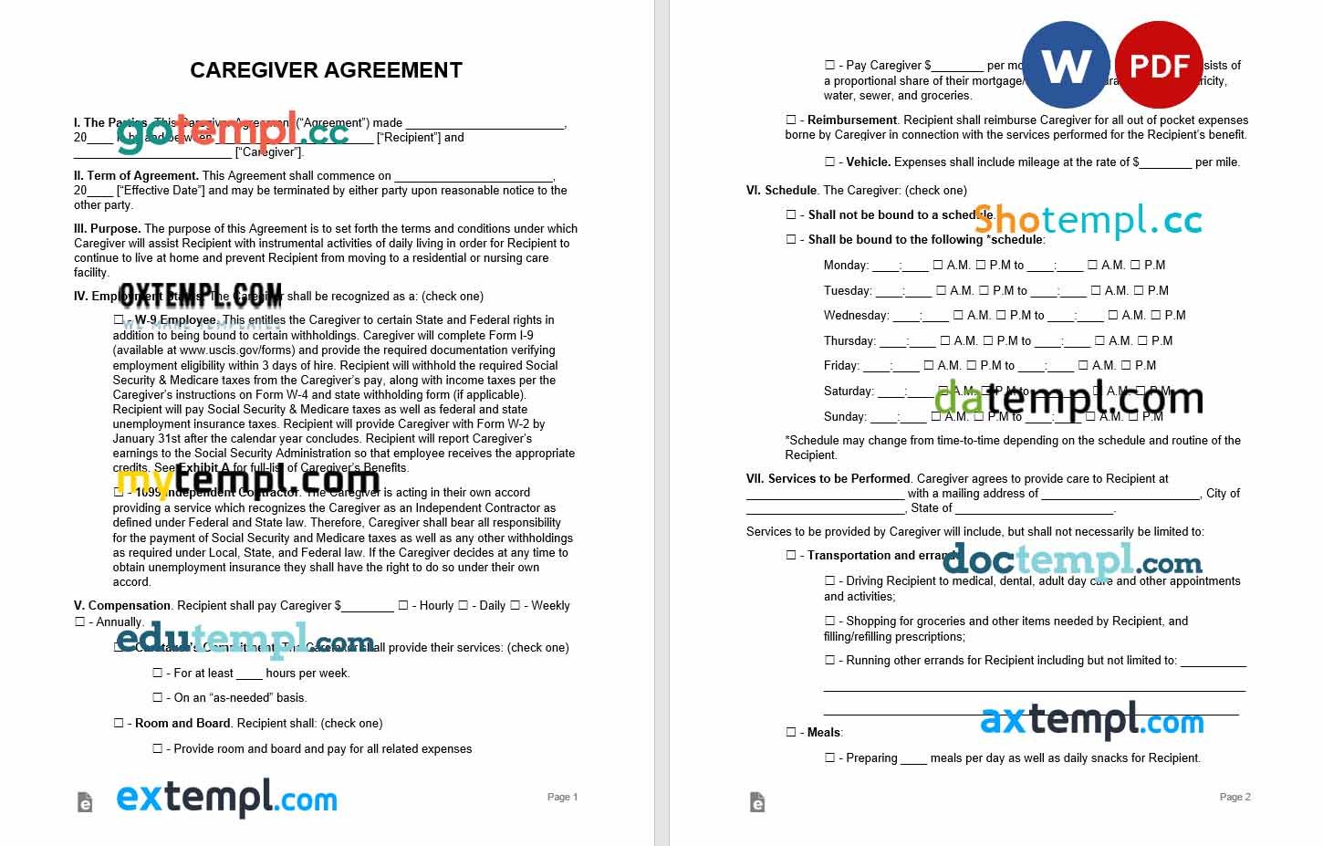 free download caregiver independent contractor agreement example, Word and PDF format