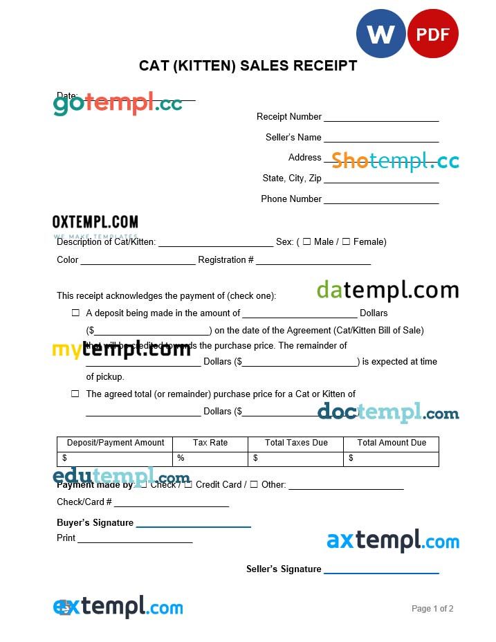 free download cat kitten sales receipt example, Word and PDF format