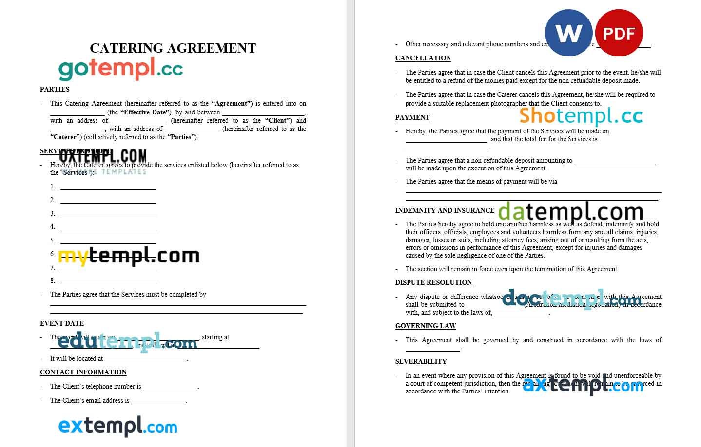 free download catering contract agreement example, Word and PDF format