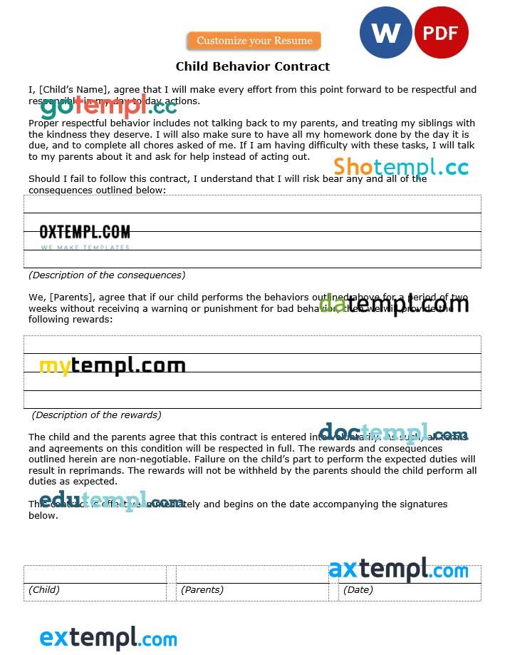 free download child behavior contract example, Word and PDF format
