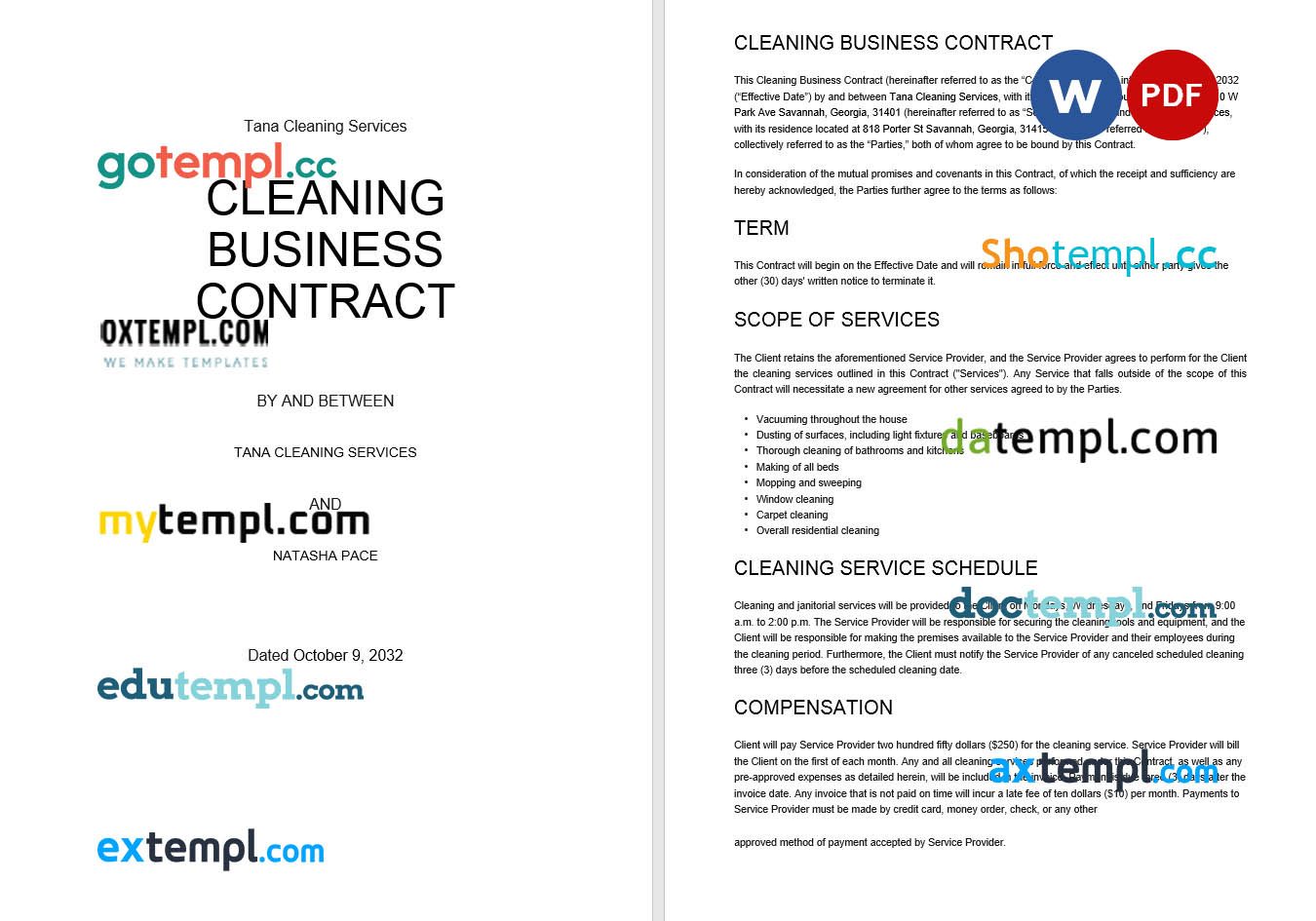 free download cleaning business contract example in Word and PDF format