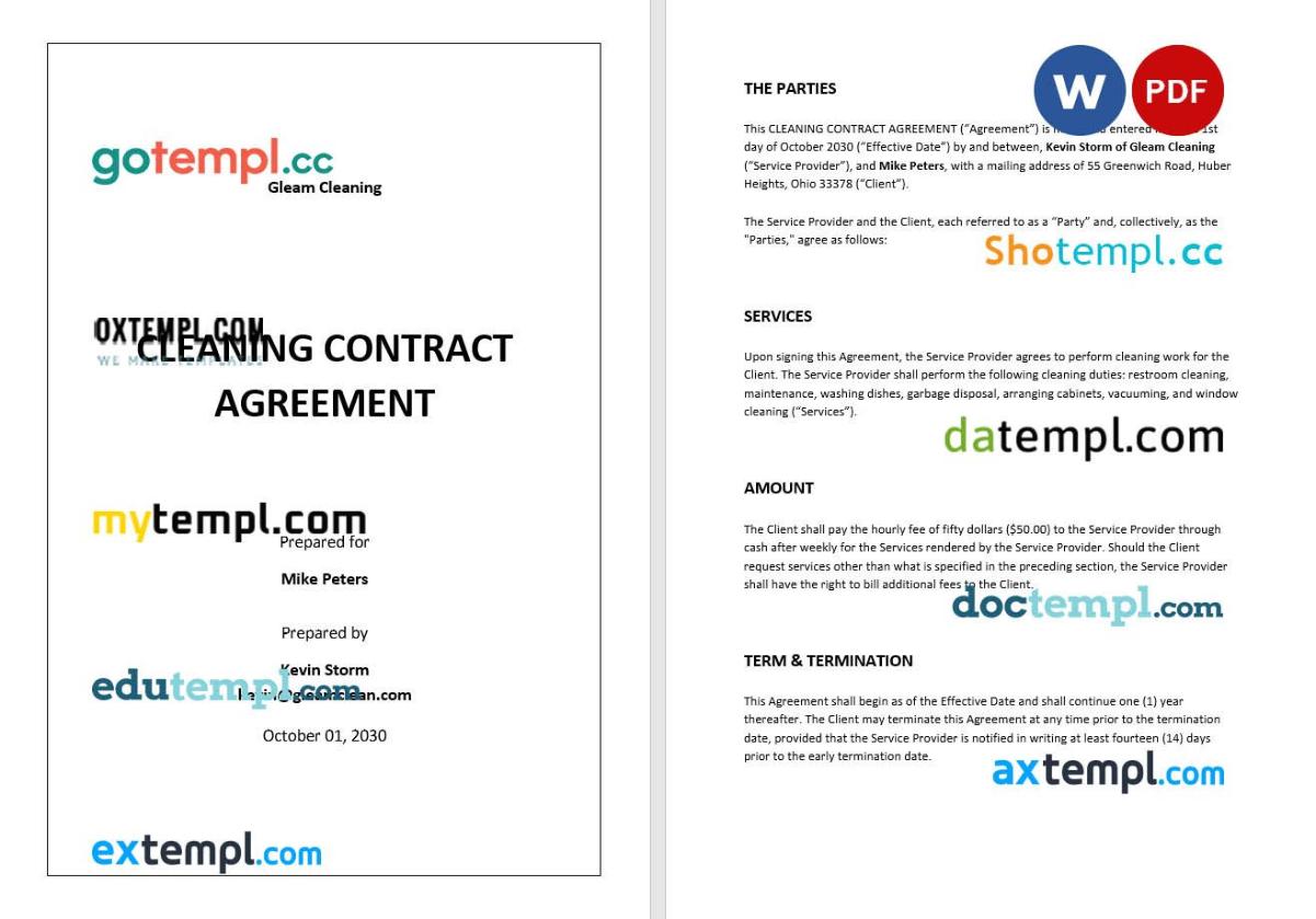 free download cleaning contract agreement example in Word and PDF format