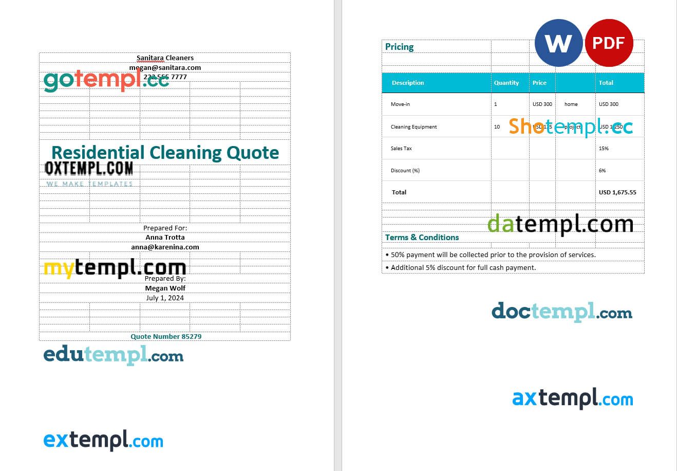 free download cleaning contract quotation example in Word and PDF format