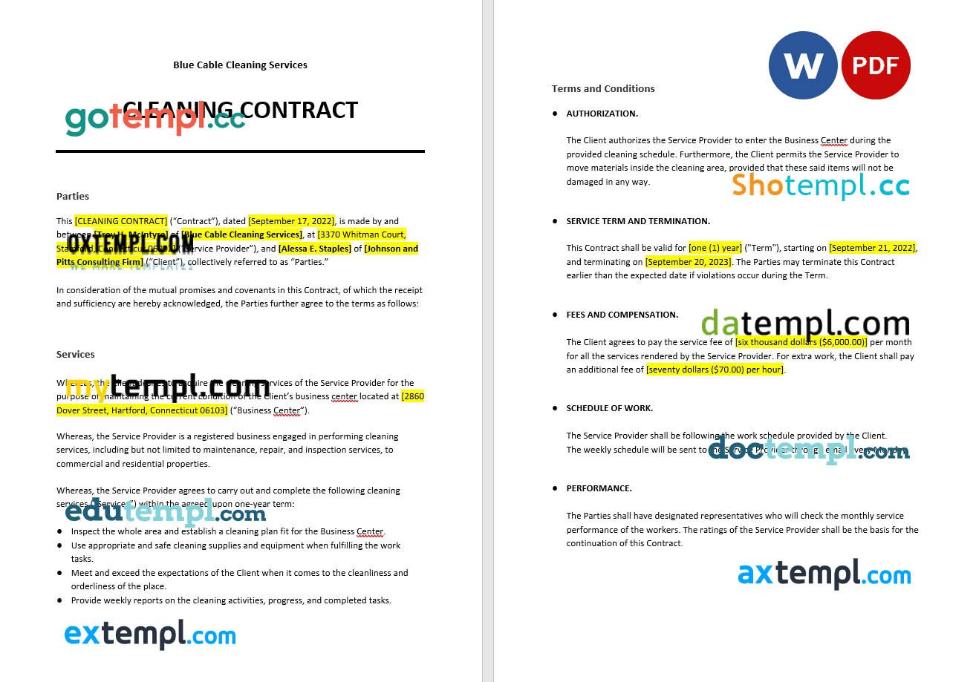 free download cleaning contract example, Word and PDF format
