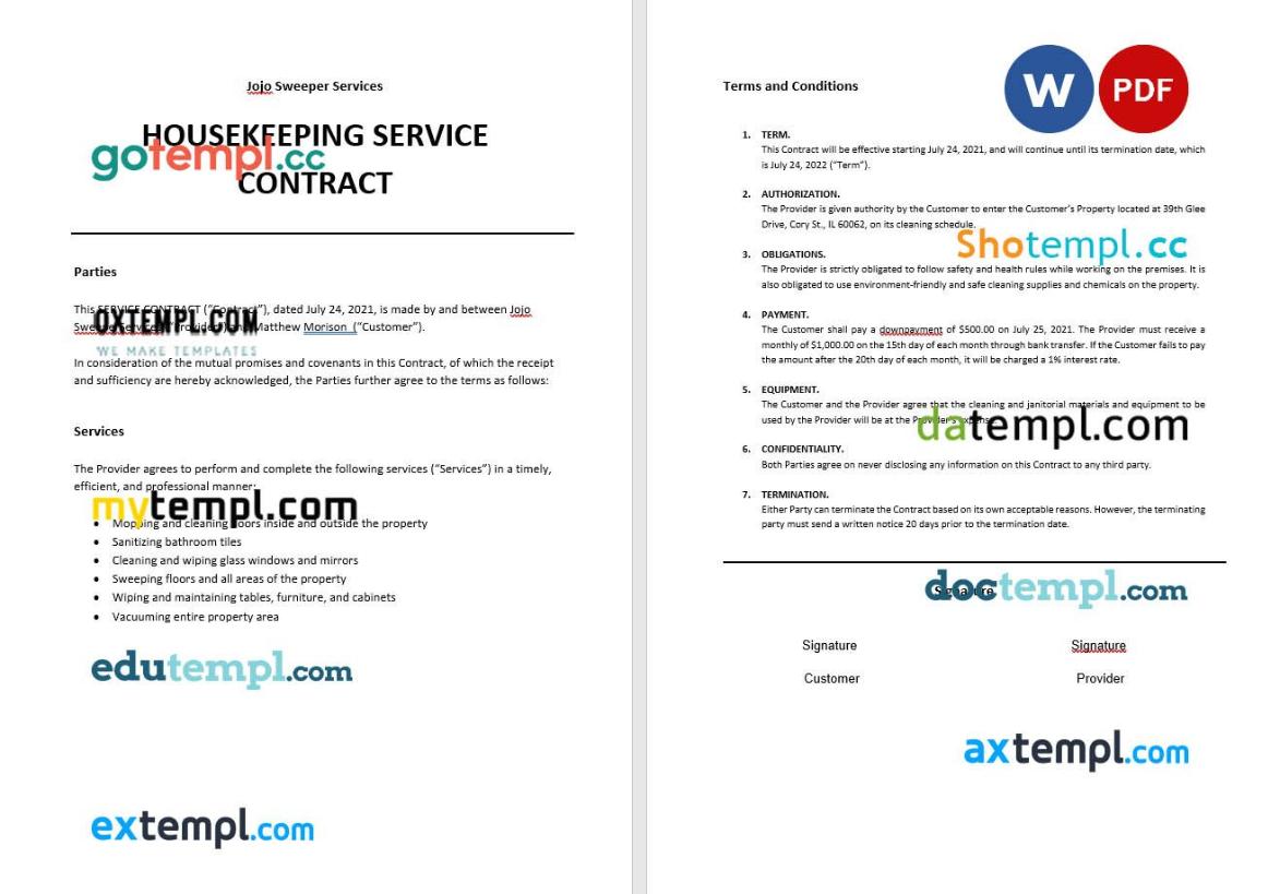 free download cleaning service business contract example in Word and PDF format