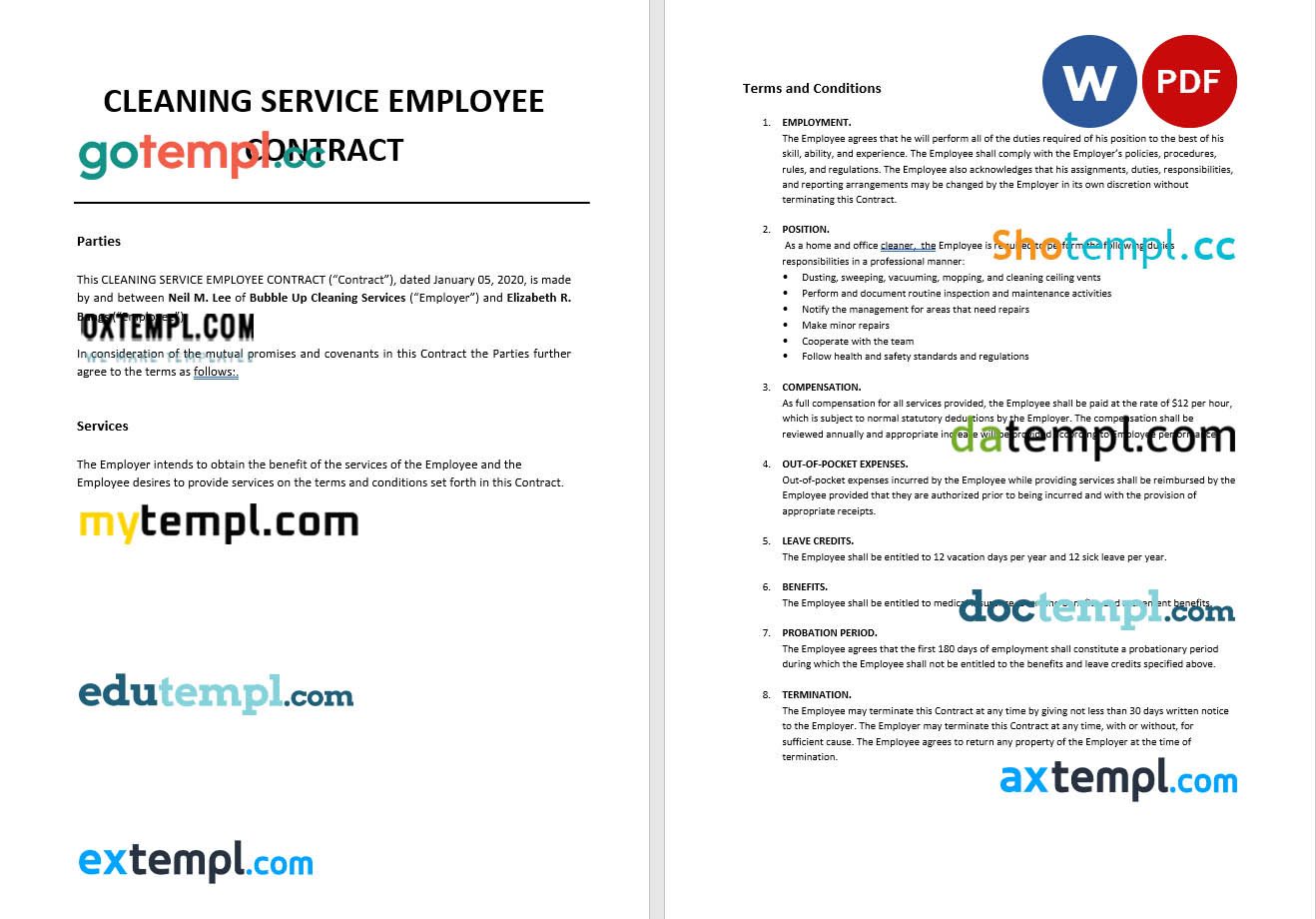 free download cleaning service employee contract example in Word and PDF format