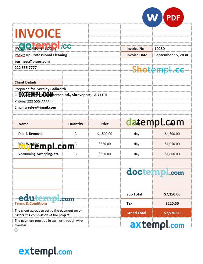 free download cleaning services contract agreement Invoice, example in Word and PDF format