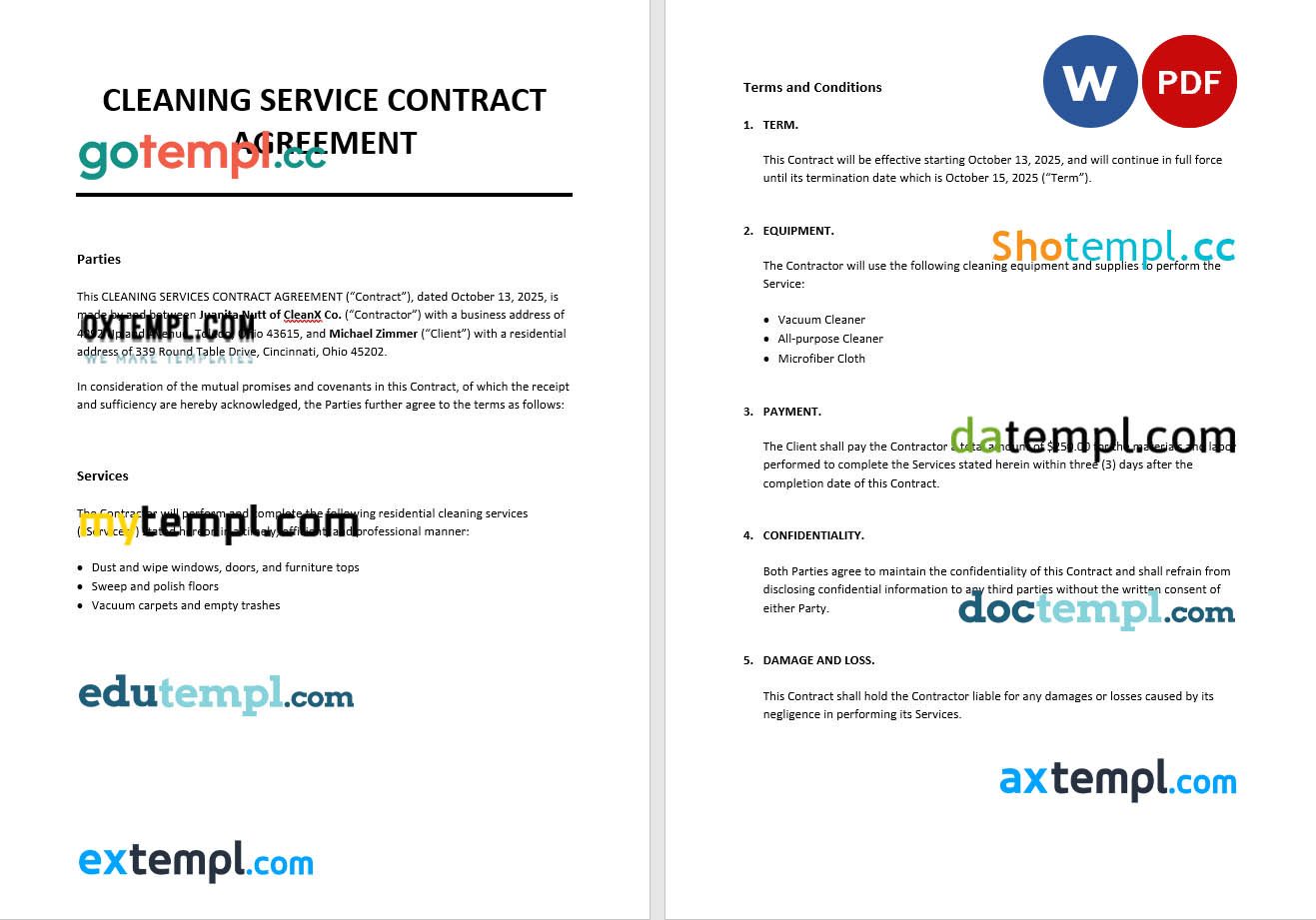 free download cleaning services contract agreement example in Word and PDF format