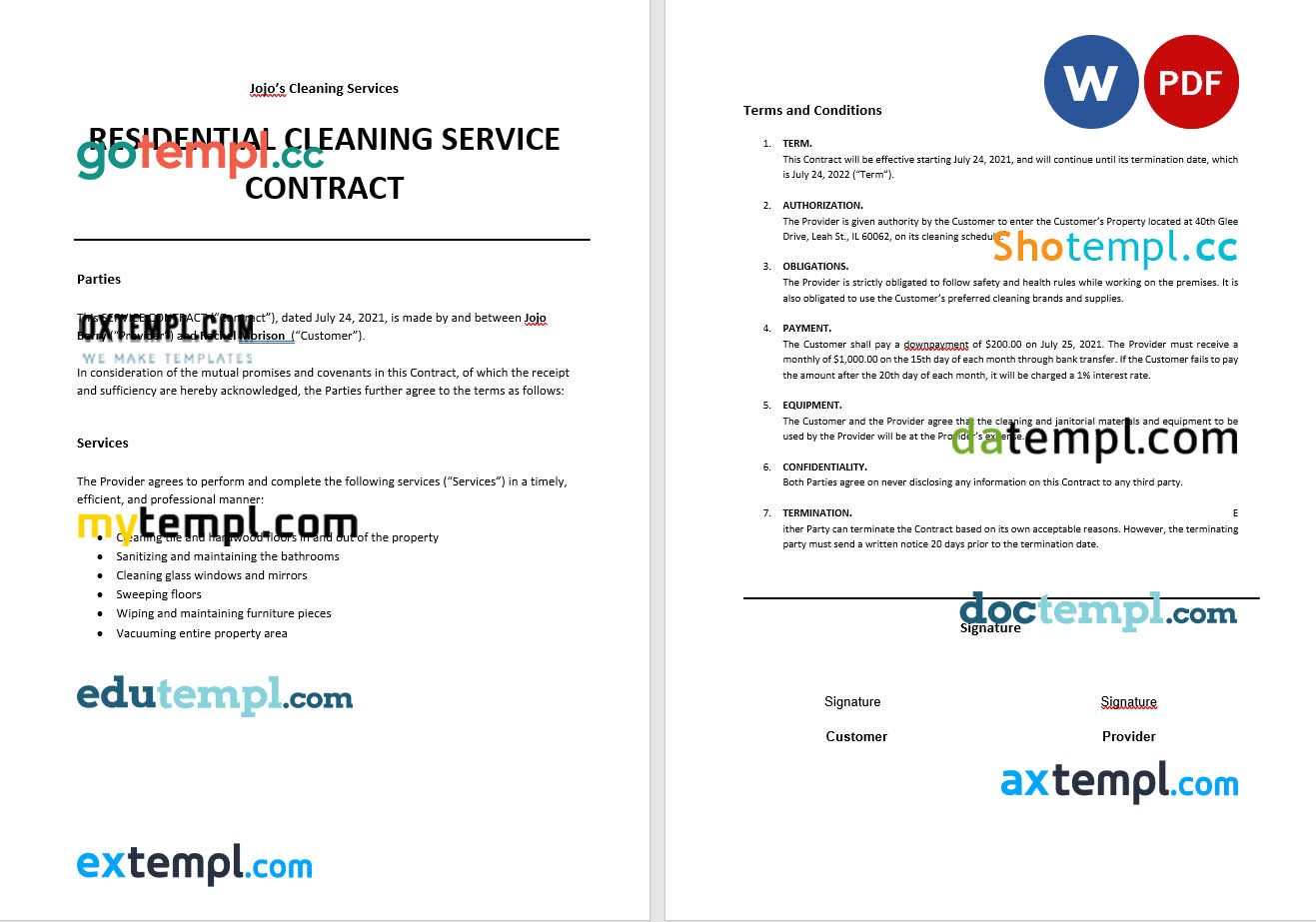 free download cleaning services contract self employed, Word and PDF format