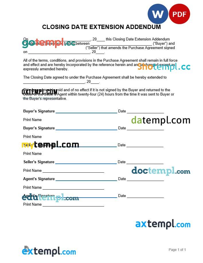 free download closing date extension addendum example in Word and PDF format