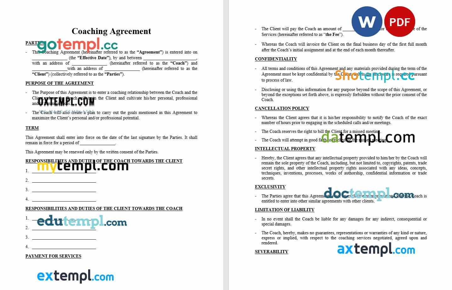 free download coaching agreement, Word and PDF format