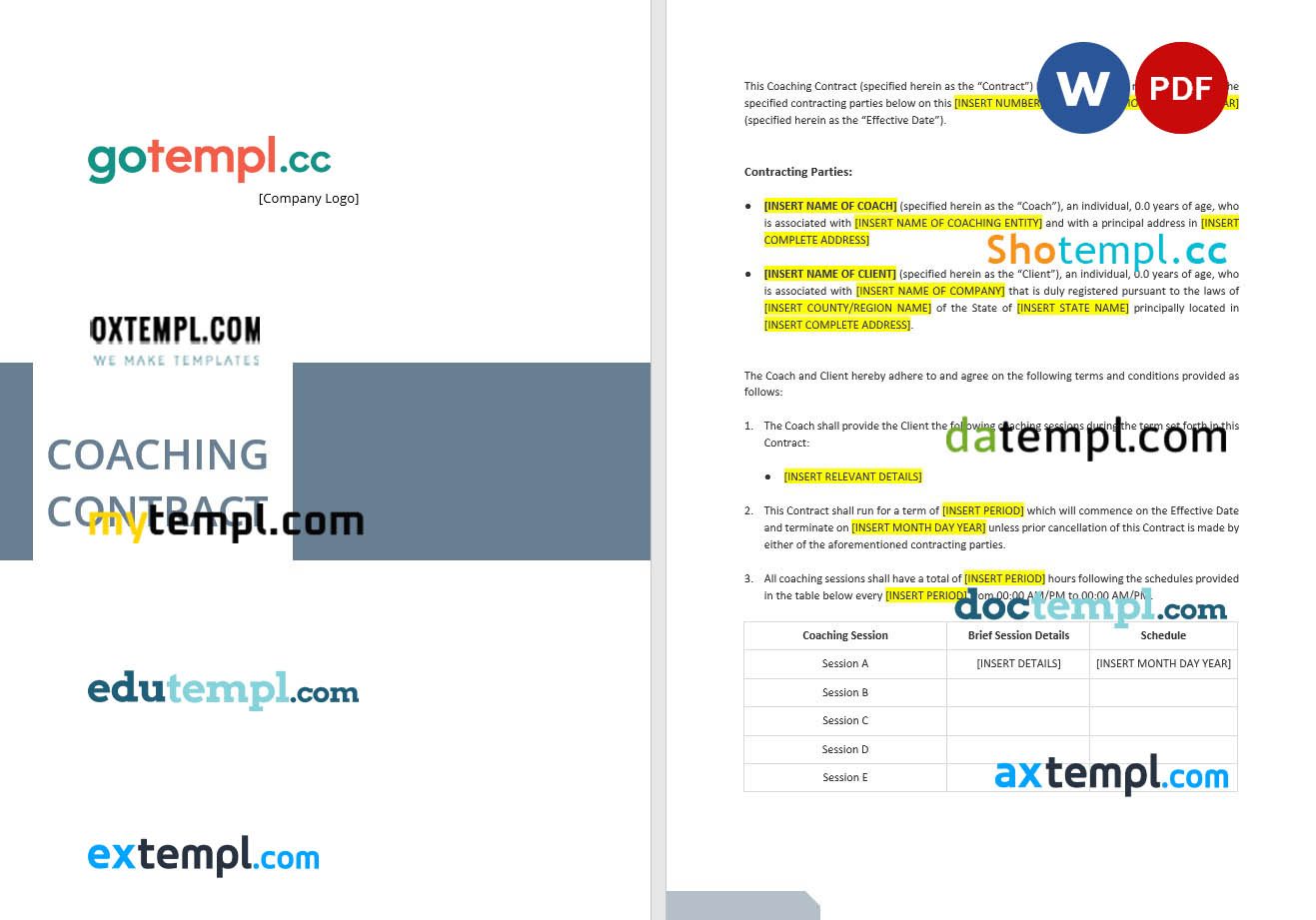 free download coaching contract example in Word and PDF format