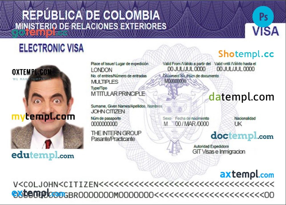 Colombian electronic visa example in PSD format, fully editable