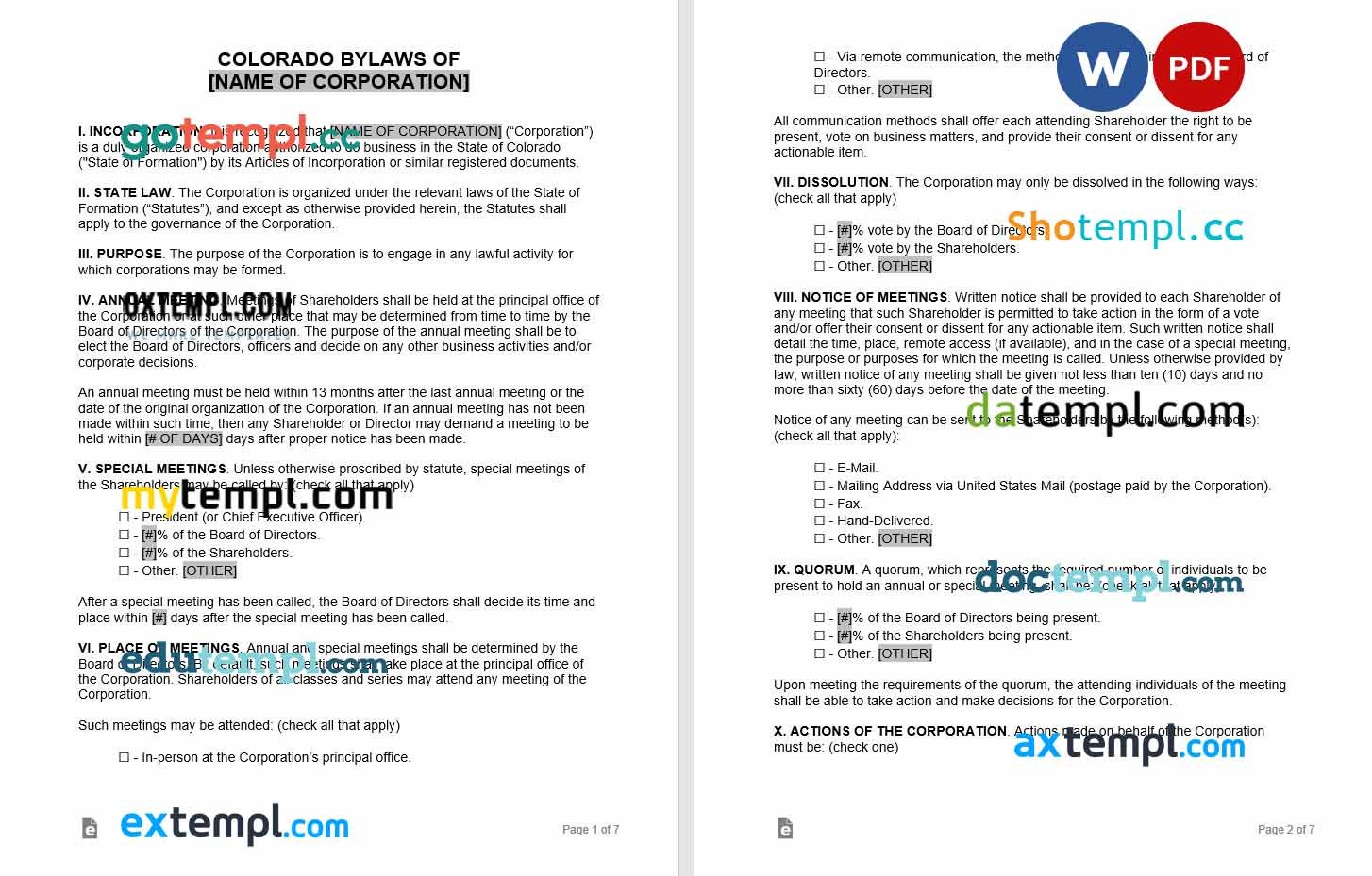 free download colorado corporate bylaws example, Word and PDF format