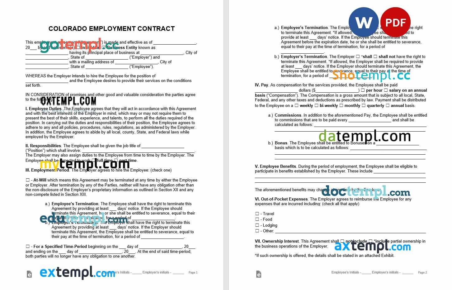 free download colorado employment contract example, Word and PDF format