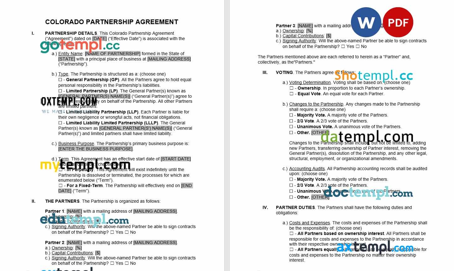 free download colorado partnership agreement example, Word and PDF format