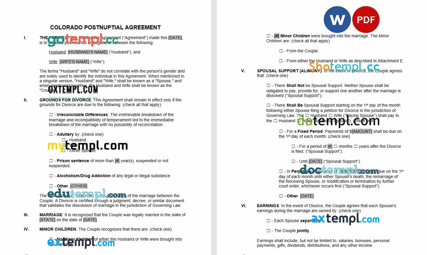 free download colorado postnuptial agreement example, Word and PDF format