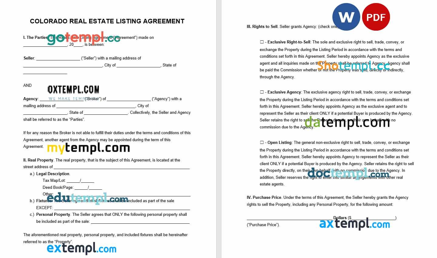 free download colorado real estate listing agreement example, Word and PDF format