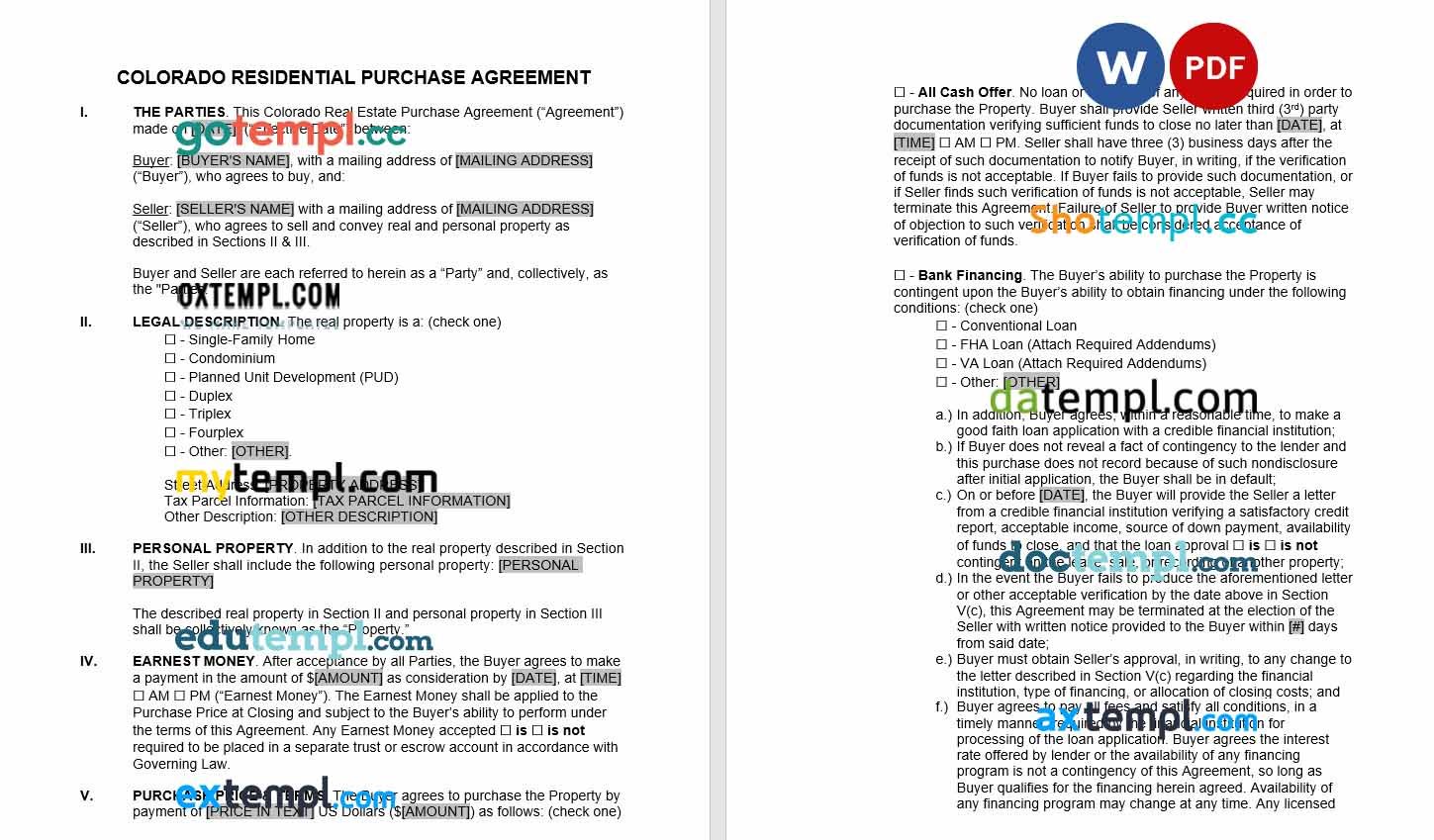 free download colorado residential real estate purchase agreement example, Word and PDF format