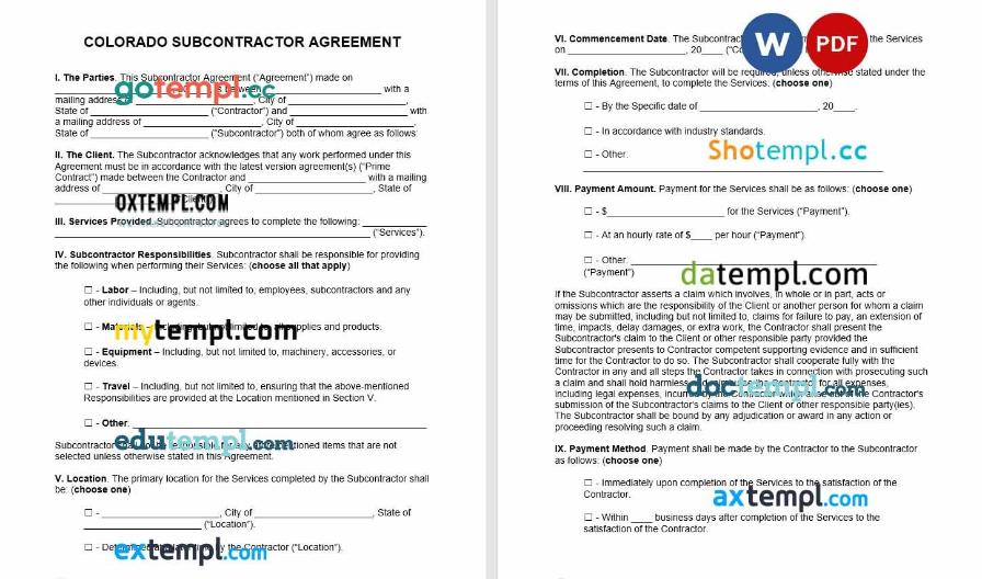 free download colorado subcontractor agreement example, Word and PDF format