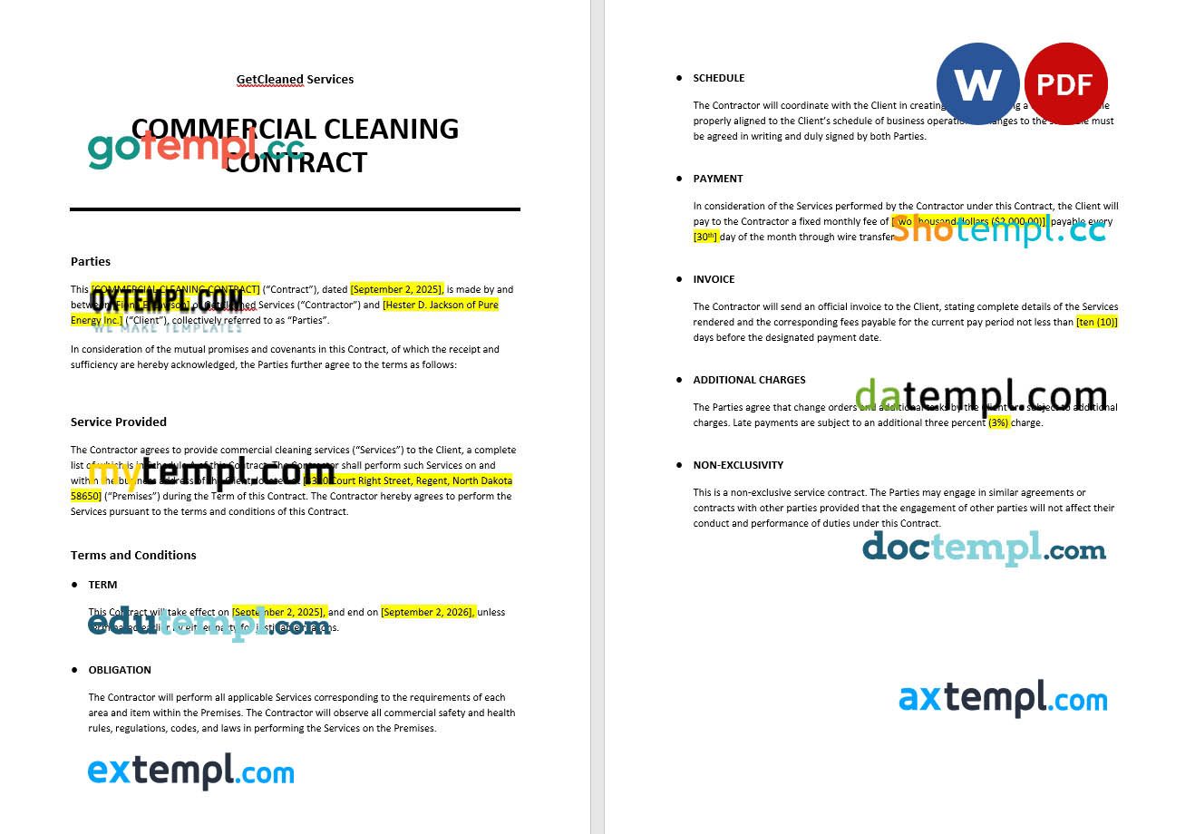 free download commercial cleaning contract example in Word and PDF format