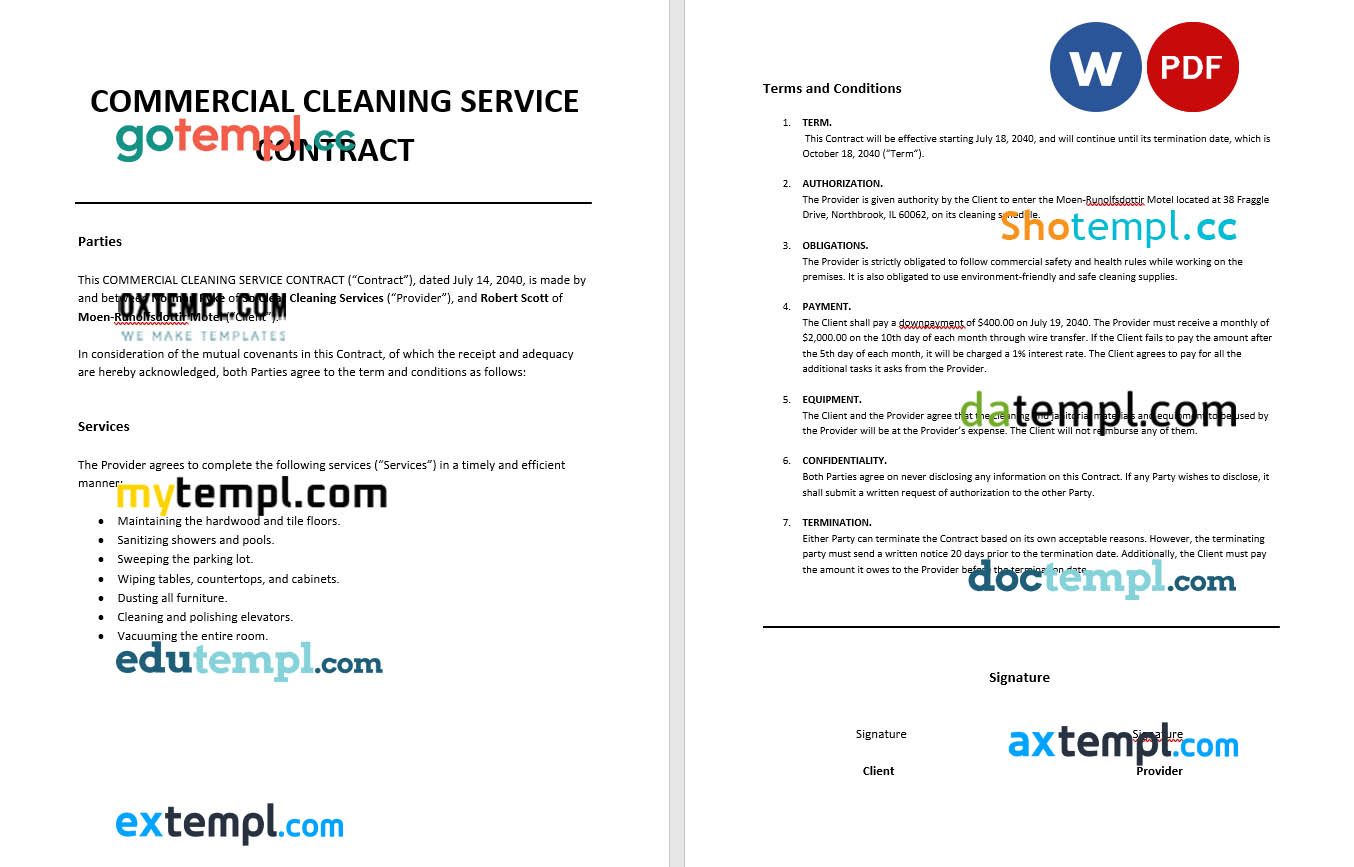 free download commercial cleaning service contract example in Word and PDF format
